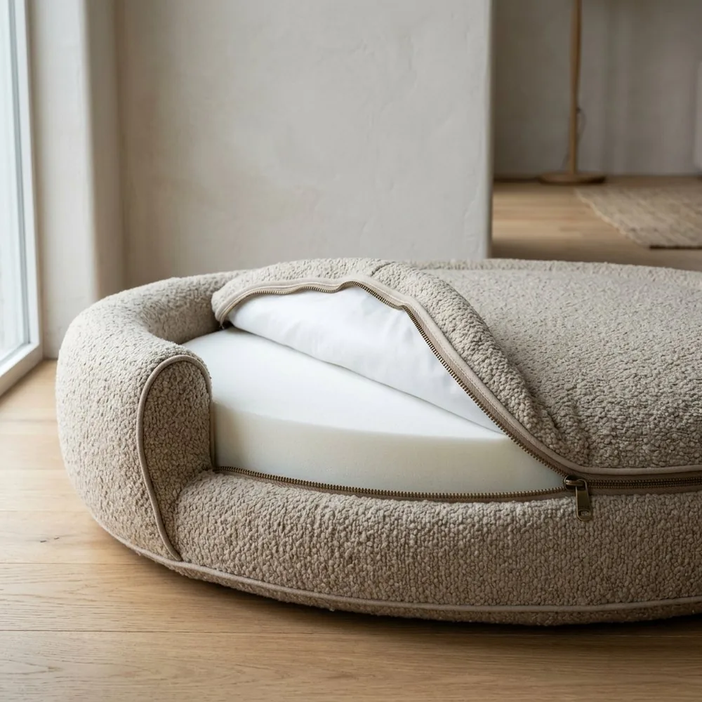 Close view of the bed's bouclé cover unzipped along the rim, revealing the white waterproof liner and the foam base underneath.