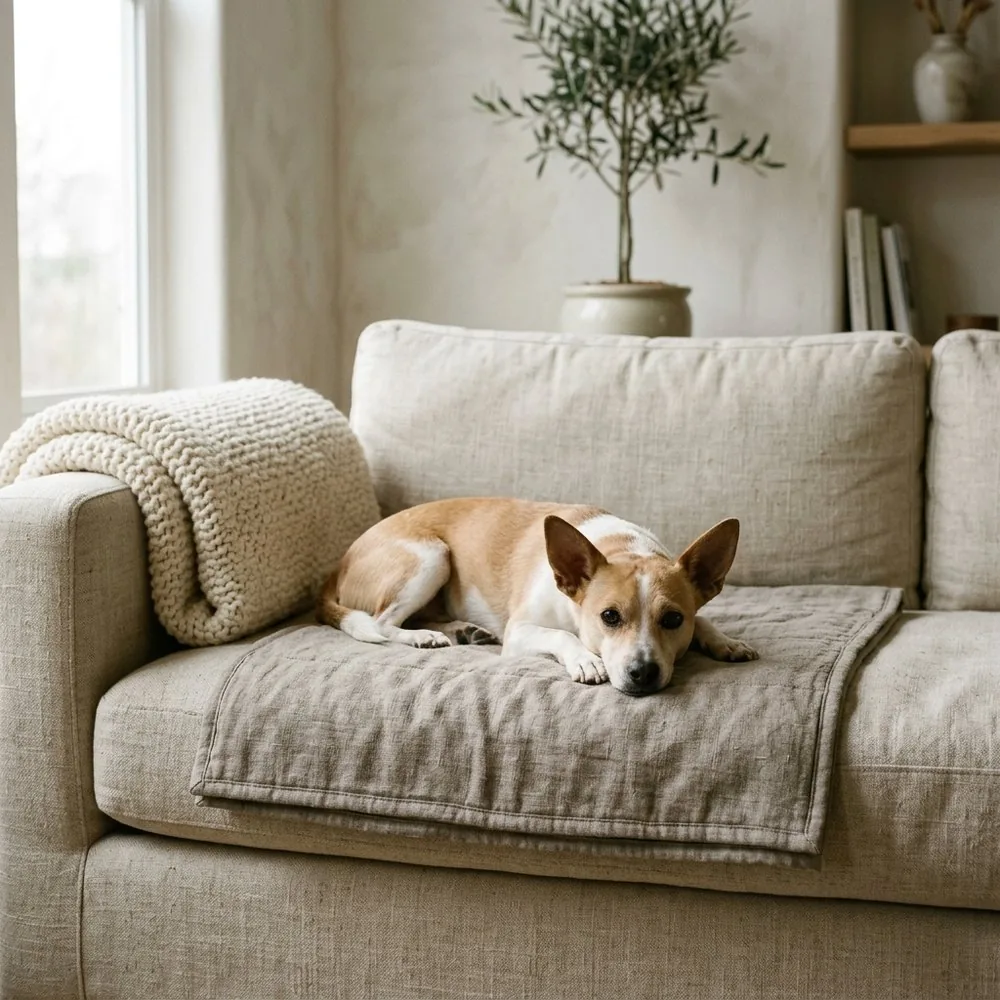 A small tan and white dog lying on a quilted greige linen weighted blanket on a linen sofa, with a chunky knit throw over the arm.